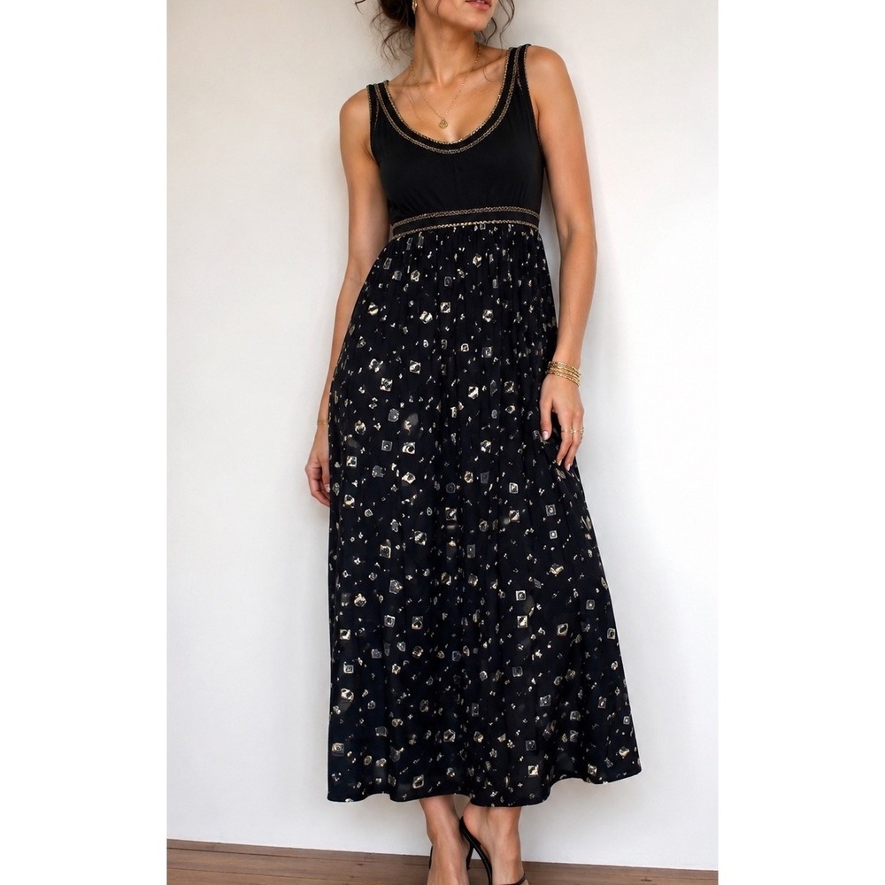 Vintage 90s Santa Fe Empire Waist Midi Dress Sz 4 Cotton Rayon Gold Geometric